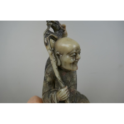 223 - Chinese carved soapstone figure of a Lohan seated holding a dragon - late Qing early republic - Appr... 