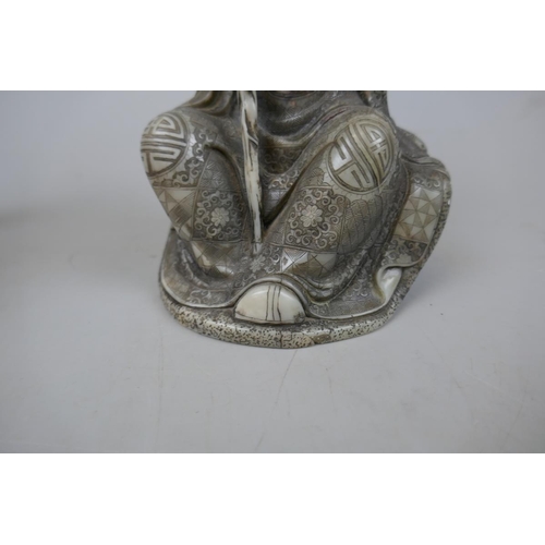 223 - Chinese carved soapstone figure of a Lohan seated holding a dragon - late Qing early republic - Appr... 