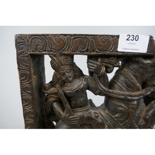 230 - Early antique handmade carving/panel Hindu gods Man on horse & man with dog