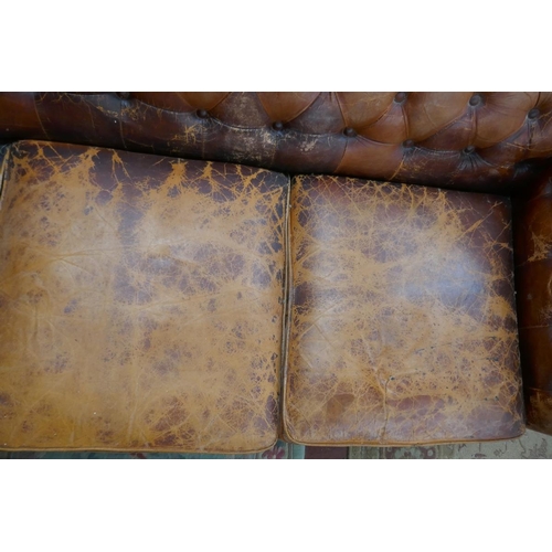 360 - Distressed tan leather 3 seater Chesterfield