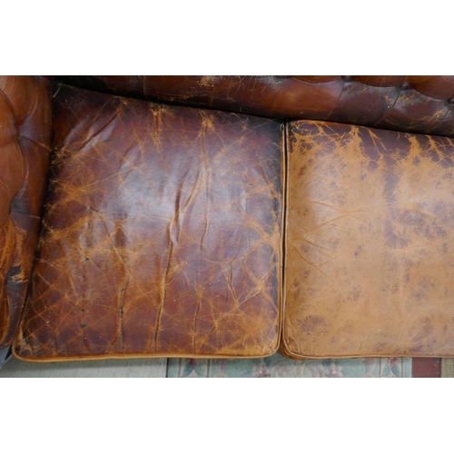 360 - Distressed tan leather 3 seater Chesterfield