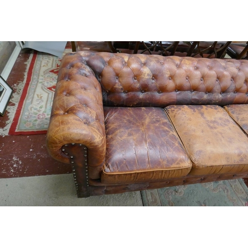 360 - Distressed tan leather 3 seater Chesterfield