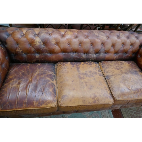 360 - Distressed tan leather 3 seater Chesterfield