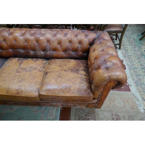 360 - Distressed tan leather 3 seater Chesterfield