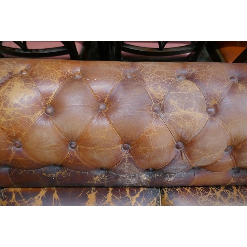 360 - Distressed tan leather 3 seater Chesterfield