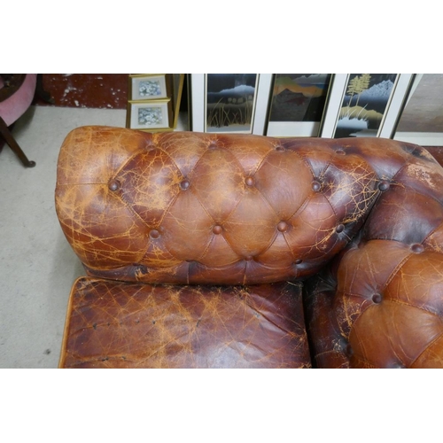 360 - Distressed tan leather 3 seater Chesterfield