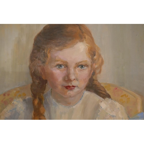 364 - Oil on canvas of a young girl signed NK - Image size: 51cm x 61cm