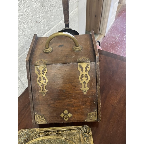 411 - Brass bound coal scuttle together with a brass wall mounted magazine rack