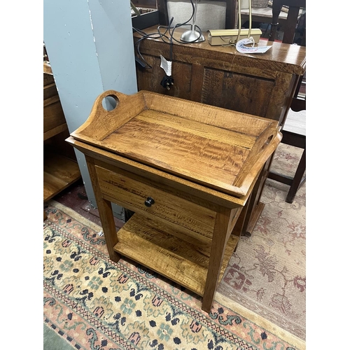 441 - Pair of hardwood side tables with removable trays together with matching bookcase and tv cabinet