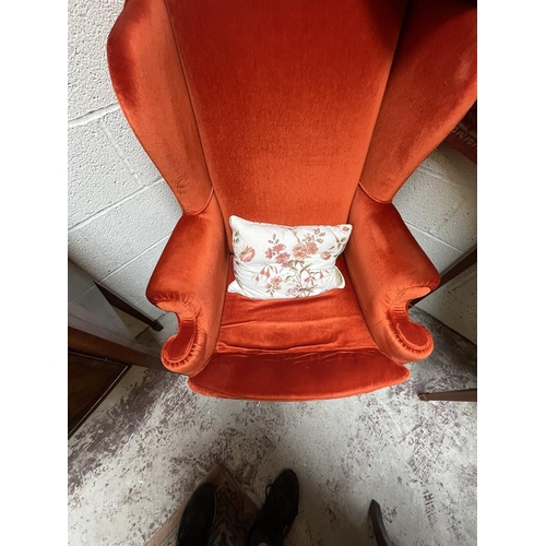 474 - Vintage Christie Tyler orange fabric Queen Anne style wing chair (labelled underneath)