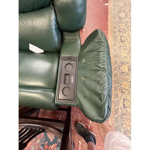 537 - Green leather Lay-Z-Boy reclining arm chair with built in phone & fridge