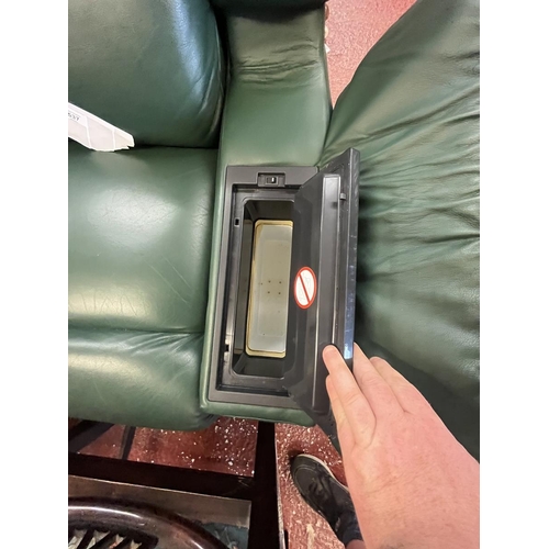 537 - Green leather Lay-Z-Boy reclining arm chair with built in phone & fridge