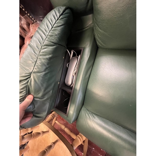 537 - Green leather Lay-Z-Boy reclining arm chair with built in phone & fridge