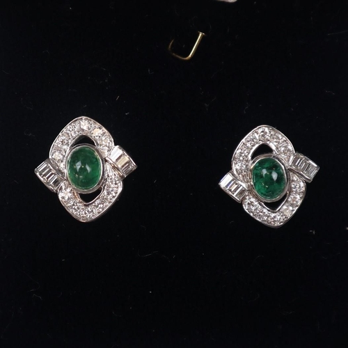 87 - Fine pair of 18ct white gold cabocheon emerald & diamond earrings