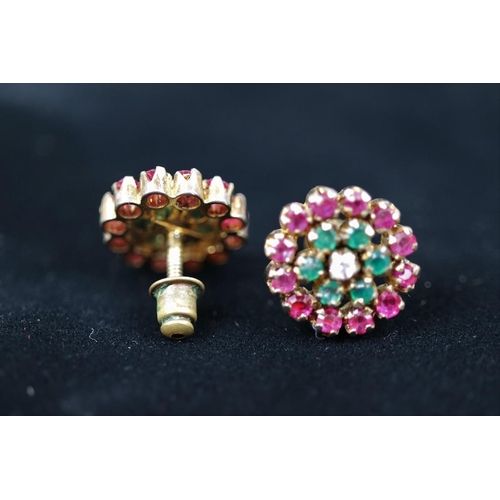 90 - Pair of emerald, ruby & white sapphire set earrings