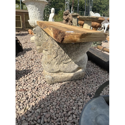 240 - Wooden topped stone benchL: 125cm W:31cm H:45cm approx