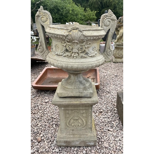 417 - Pair of stone pedestal planters on plinths - Approx height: 100cm