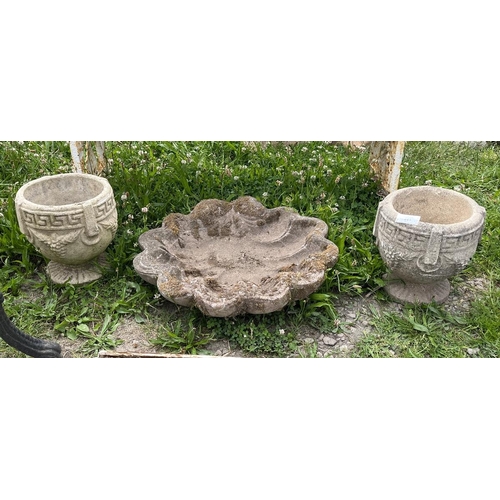 441 - Pair of small pedestal planters together with shell shaped bird bath top