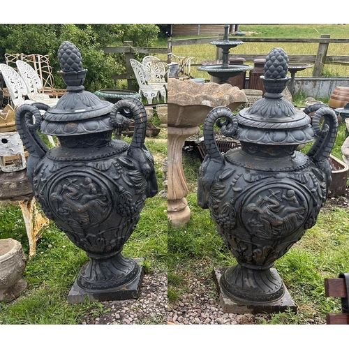 472 - Pair of very large cast iron lidded urns - Approx height: 120cm