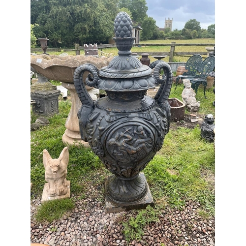 472 - Pair of very large cast iron lidded urns - Approx height: 120cm