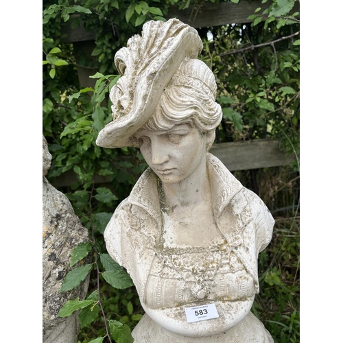 583 - Stone bust of lady on plinth - Approx height: 90cm