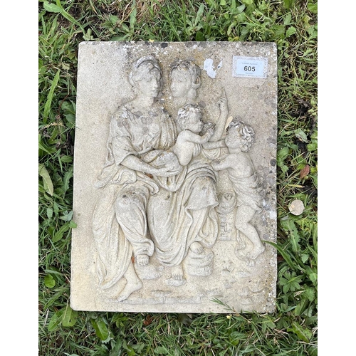 605 - Small stone plaque depicting women and children