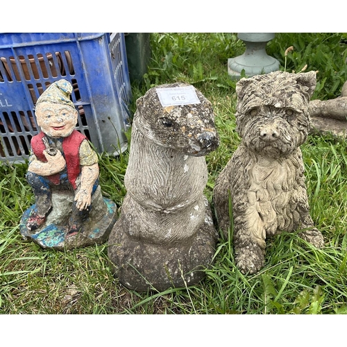 615 - 2 stone garden ornaments together with a gnome 