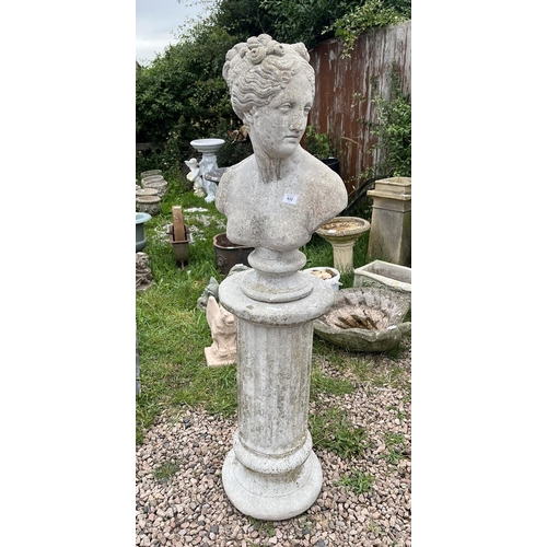 632 - Stone bust of maiden on plinth - Approx height: 146cm