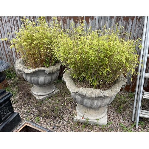 634 - Pair of very large stone planters on plinths with bamboo - Approx height: 68cm