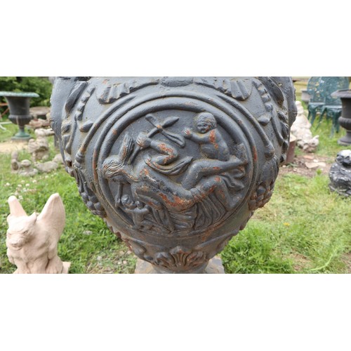 472 - Pair of very large cast iron lidded urns - Approx height: 120cm