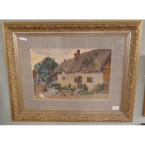 434 - Water colour by J.B Donaldson of a thatched cottage figure and chickens - Approx image size 46cm x 3... 