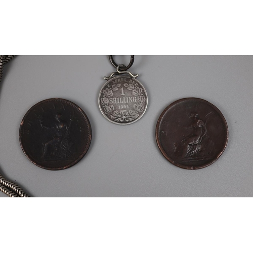 142 - Kruger silver shilling on chain together with 2 George III pennies