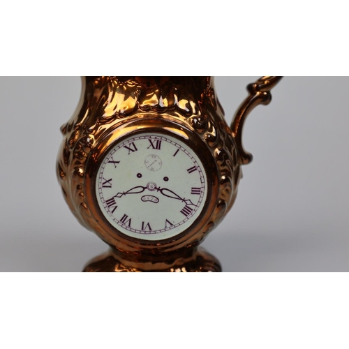 149 - Staffordshire copper luster jug, time for tea, with a clock face & a Sunderland luster pink pane... 