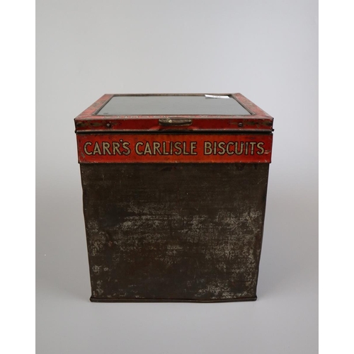 161 - Merchants dispenser biscuit tin with glass display lid for Carrs Carlisle biscuits 1906