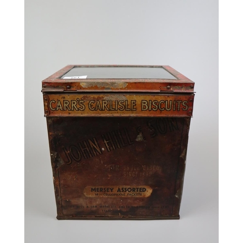 161 - Merchants dispenser biscuit tin with glass display lid for Carrs Carlisle biscuits 1906