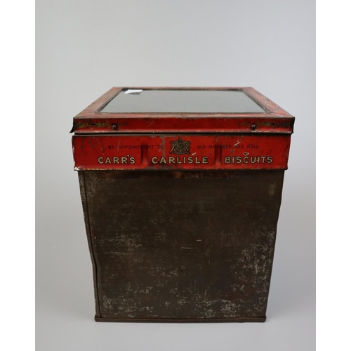 161 - Merchants dispenser biscuit tin with glass display lid for Carrs Carlisle biscuits 1906