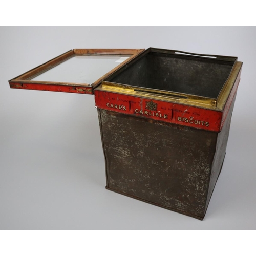 161 - Merchants dispenser biscuit tin with glass display lid for Carrs Carlisle biscuits 1906