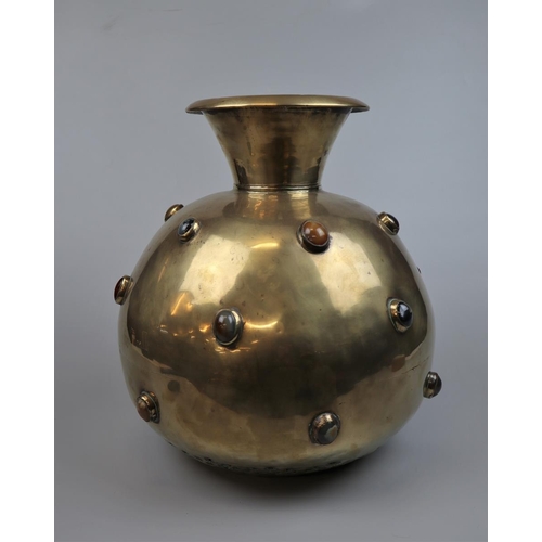 167 - Large 19th century Indian brass pot decorated with various semi-precious stone cabochons with pierce... 