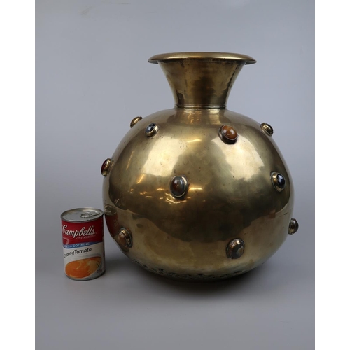 167 - Large 19th century Indian brass pot decorated with various semi-precious stone cabochons with pierce... 