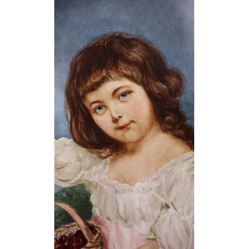 173 - Rare Gille Jenne (French 1798-1868) hand painted porcelain plaque of a little girl with cherries. Mo... 