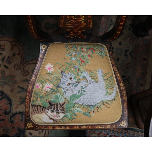 317 - Inlaid Edwardian chair with embroidered cat seat