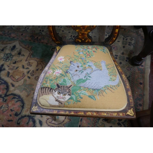 317 - Inlaid Edwardian chair with embroidered cat seat