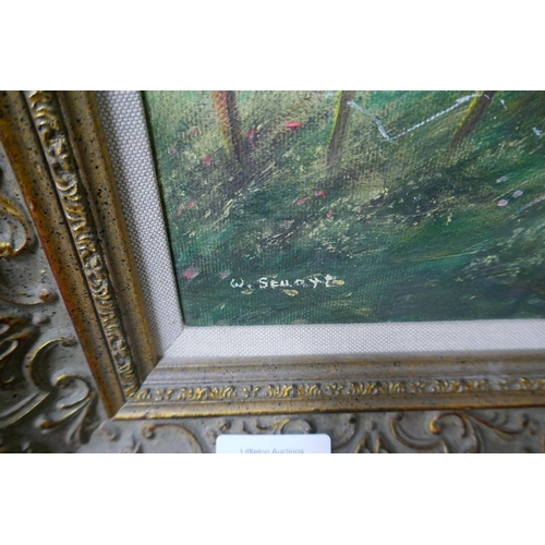 331 - Oil on canvas in ornate frame - children feeding birds indistinctly signed - Approx image size 39cm ... 