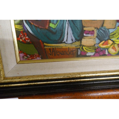 337 - South African market scene oil on canvas signed J Alexander - Approx image size 24cm x 19cm