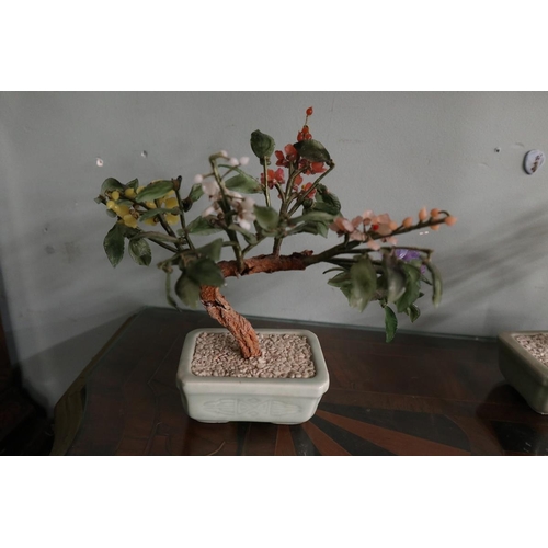 423 - 3 small hard stone bonsai trees made from jade, agate, onyx, jadeite, quartz and garnet