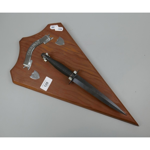 120 - Fairbairn Sykes style commando dagger mounted on wall plaque