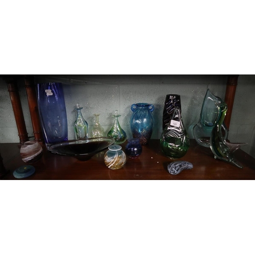 141 - Collection of colourful glass to include iridescent scent bottles