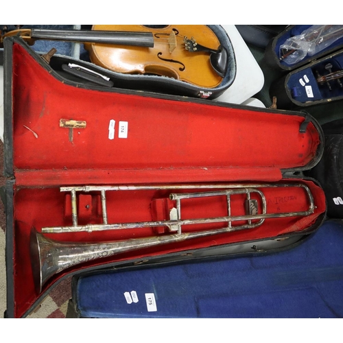 174 - Antique trombone in case marked exhibition prize medal awarded London 1862 & Dublin 1865