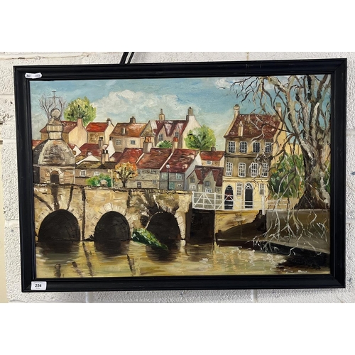 254 - Oil on canvas of French village - Approx image size: 75cm x 50cm