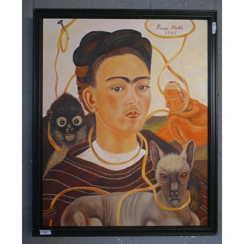 334 - Oil on canvas of Frida Kahlo - L.J.Marr - Approx image size: 60cm x 75cm